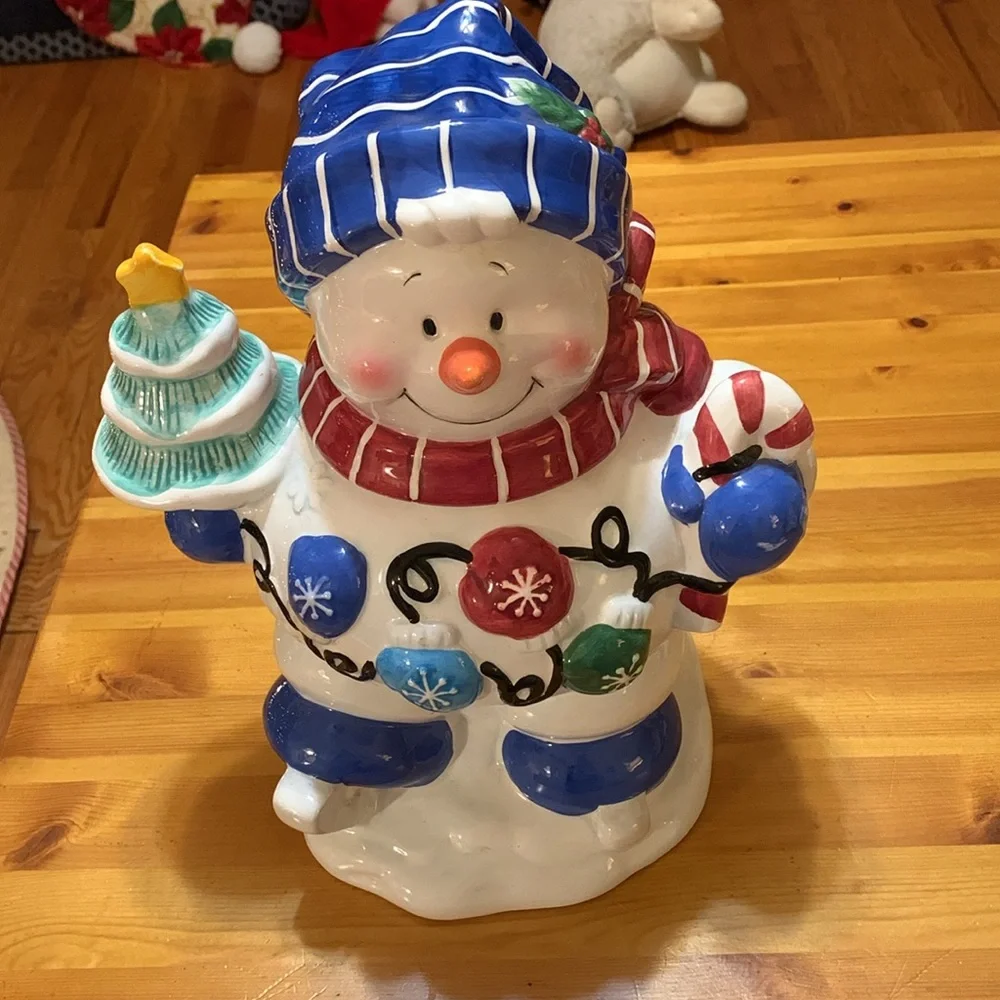 Vintage Houston Harvest, Snowman cookie jar, Blue Willow, EUC